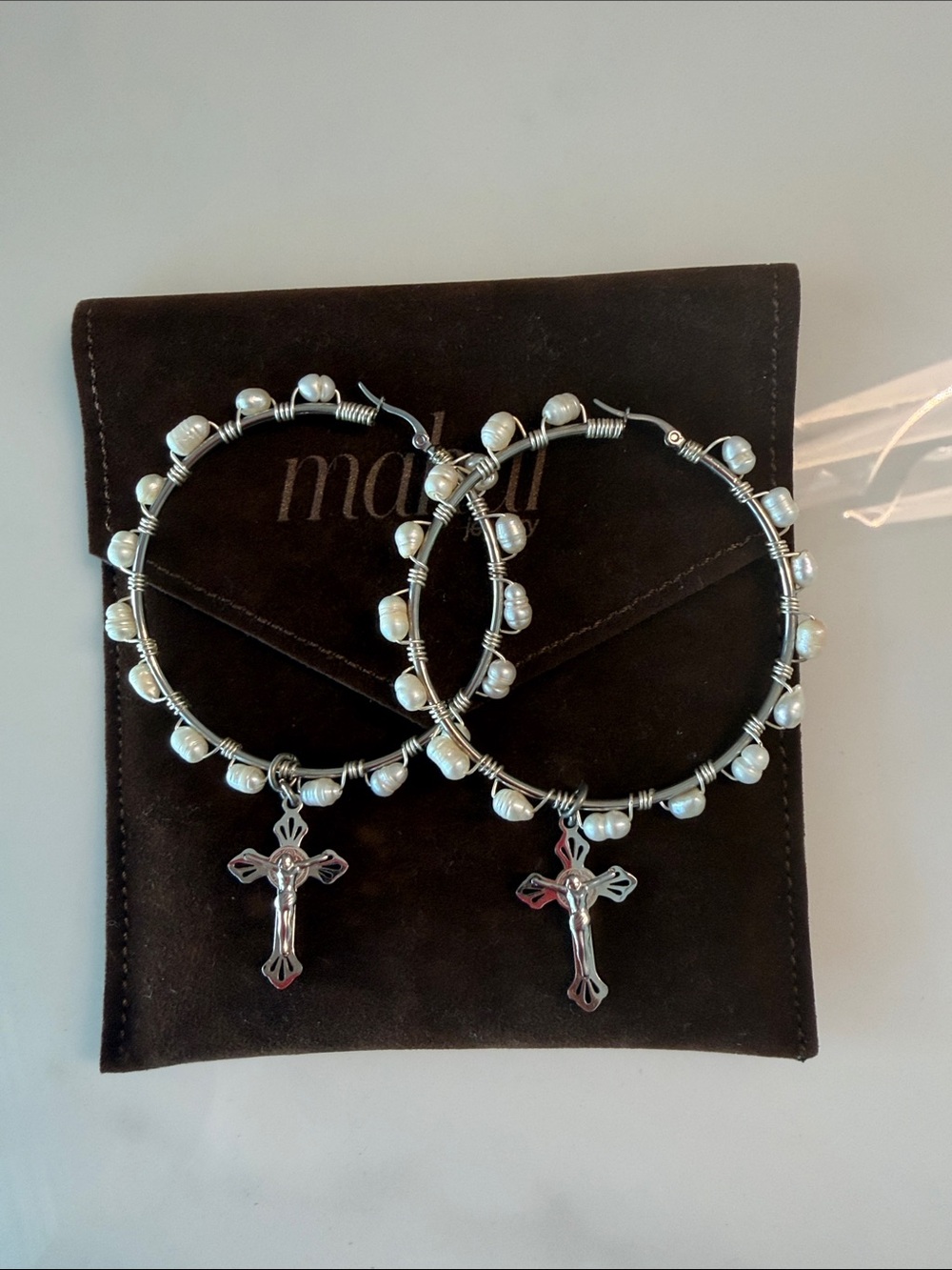 Silver Hoop Earrings with White Pearl Beads and Cross Charm